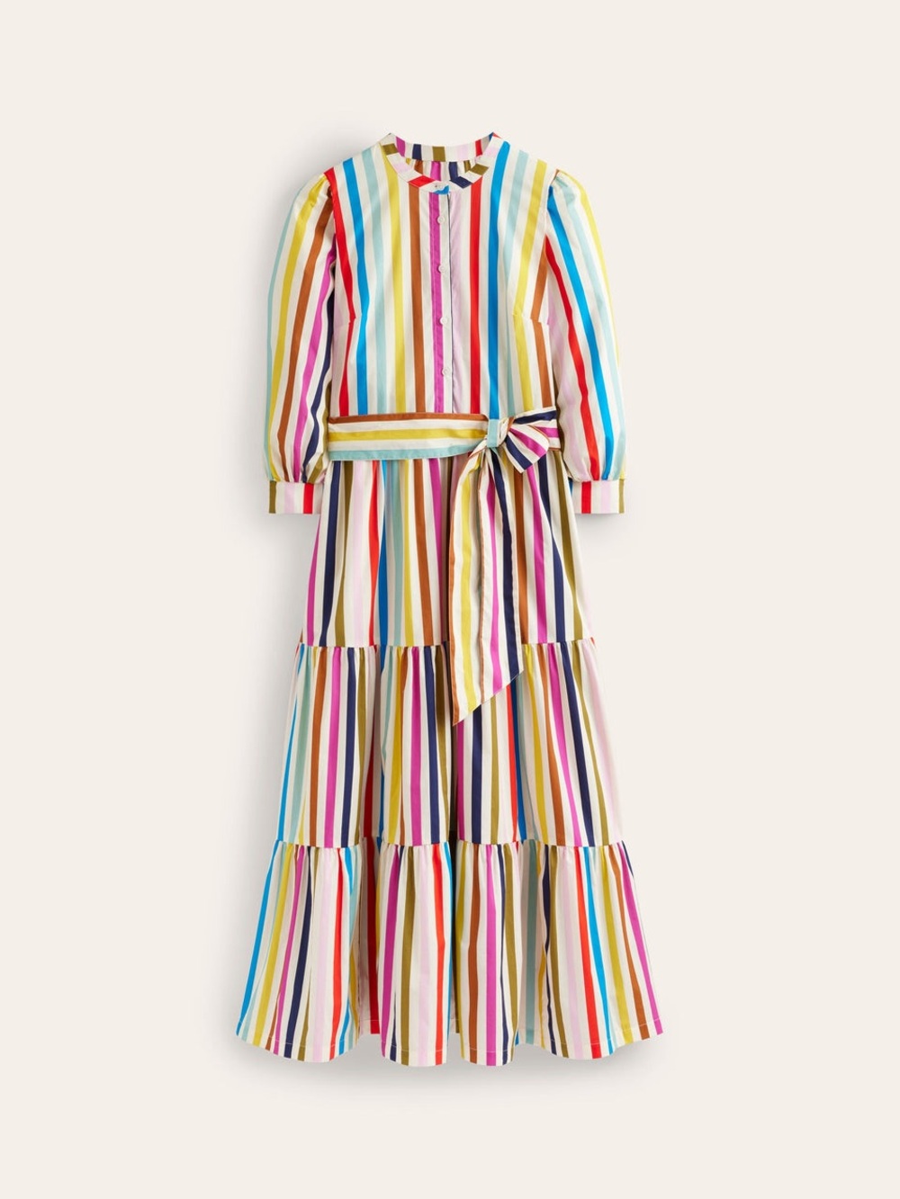 Boden Alba Rainbow Stripe Cotton Tiered Maxi Dress Belted Vertical Stripe US8 - Picture 12 of 16